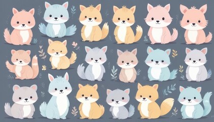 Cute cartoon foxes and animals collection.  Various pastel colors and adorable expressions