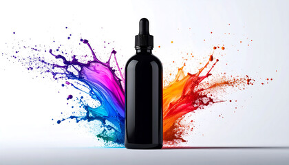 Fototapeta premium Colorful liquid splashes from black dropper bottle creative art display studio setting