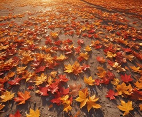 Vibrant fall leaves scattered on ground, warm sunlight , graphic, october