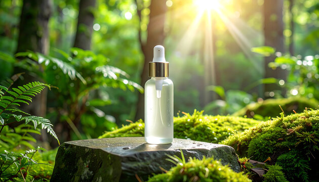 Nature's elixir organic skincare serum lush forest product photography bright atmosphere