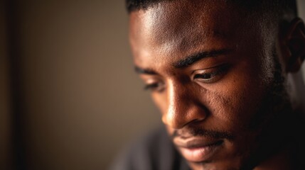 Obraz premium Man in deep thought, looking down with focus. Introspection and quiet determination in a moment of reflection. 
