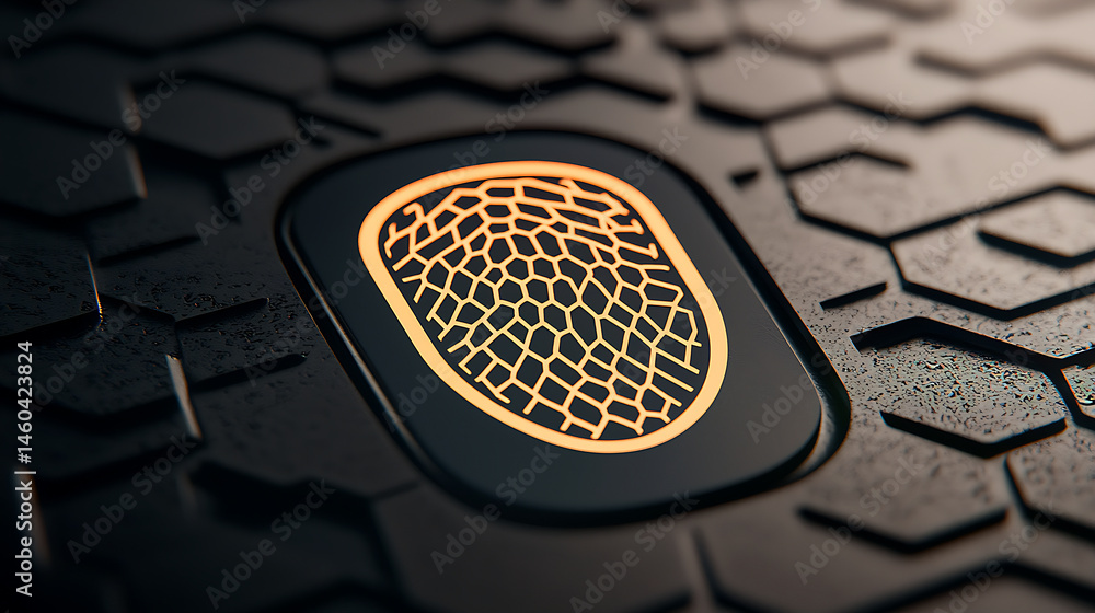 Poster glowing orange fingerprint biometric sensor on dark hexagonal surface
