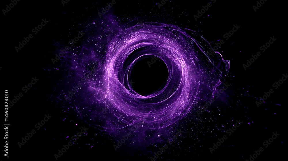 Poster Purple abstract circle galaxy particle effect, ring with swirling particles vortex visual effect layer overlay isolated black and