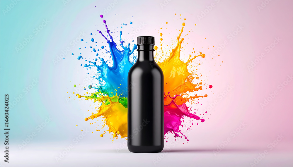 Poster dynamic color splash action with black bottle studio environment art conceptual view
