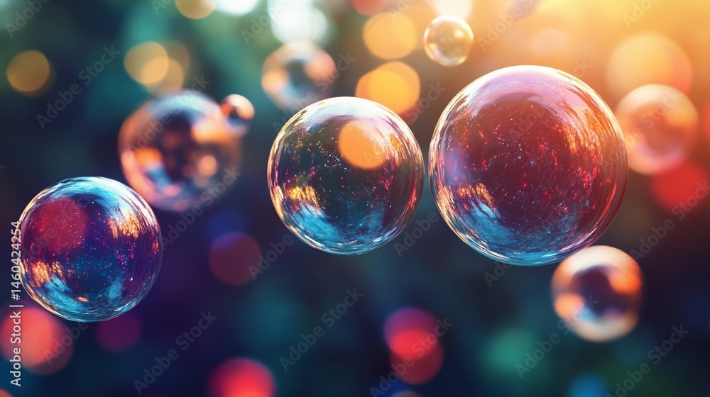 Poster floating iridescent bubbles creating a magical ethereal atmosphere