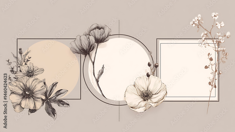 Aufkleber Minimalistic geometric floral empty frames, calligraphic round or square shapes with branches and flowers, elegant herbs or blossoms