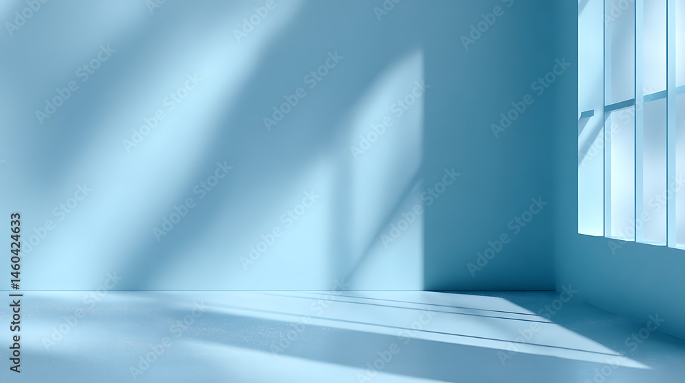 Poster minimalistic abstract light blue background with shadow and light from windows, product presentation