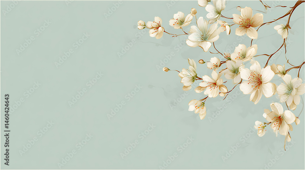 Poster minimalistic beige invitation card with delicate flowers on light green background with copy space