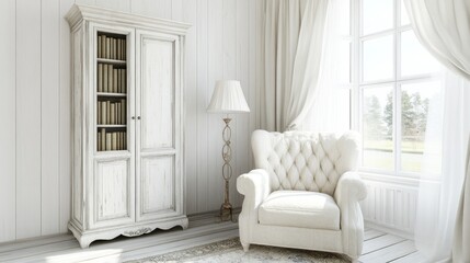 Stylish, white, antique-inspired furniture arrangement in a bright room.