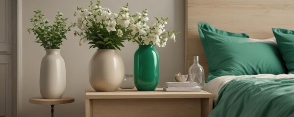 Emerald green bedding, beige nightstand, stylish vase with flowers ,  trendy,  style, bedroom