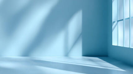 Minimalistic abstract light blue background with shadow and light from windows, product presentation concept