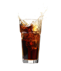 Cola splashing out of glass isolated on white