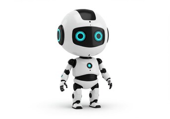 Fototapeta premium A small robot with glowing blue eyes standing isolated on white background