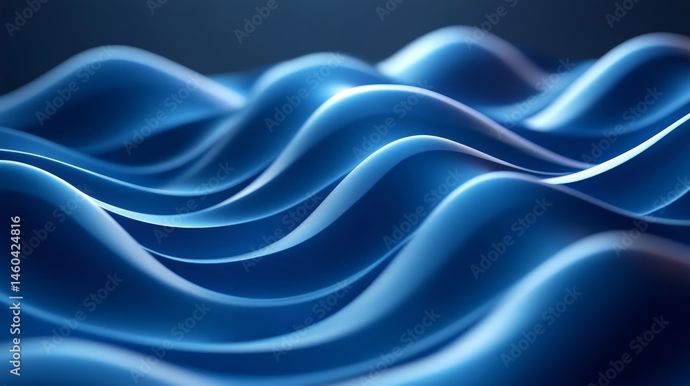Poster abstract design of undulating, deep blue forms.