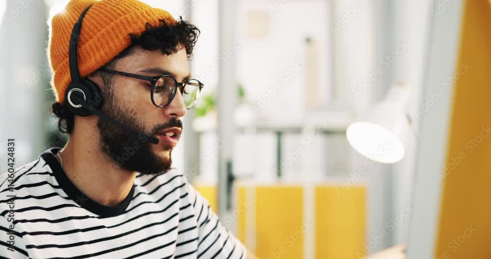 Poster Man, consultant or talking with headset on computer for online advice or service at creative agency. Male person, agent or virtual assistant with mic or technology for app, web navigation or help