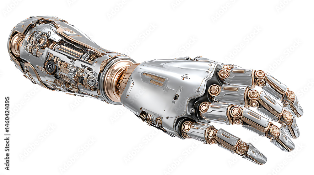 Poster metallic robot hand with fingers on a white background, prosthesis and artificial intelligence, 3d i