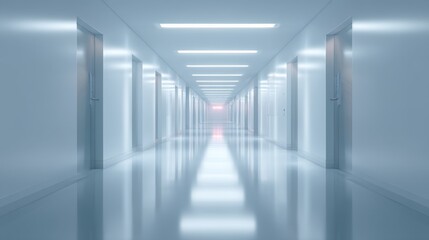 Minimalist medical corridor with abstract blur, conveying serenity and modern efficiency in healthcare spaces.
