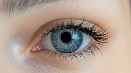 Obraz premium Closeup of a beautiful womans blue eye with long dark eyelashes eyes girl iris look gaze skin macro