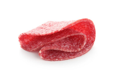 Slice of tasty smoked sausage isolated on white