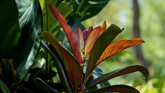 Lush Tropical Foliage Featuring Green And Red-Orange Leaves In A Forest With Bright Natural Lighting