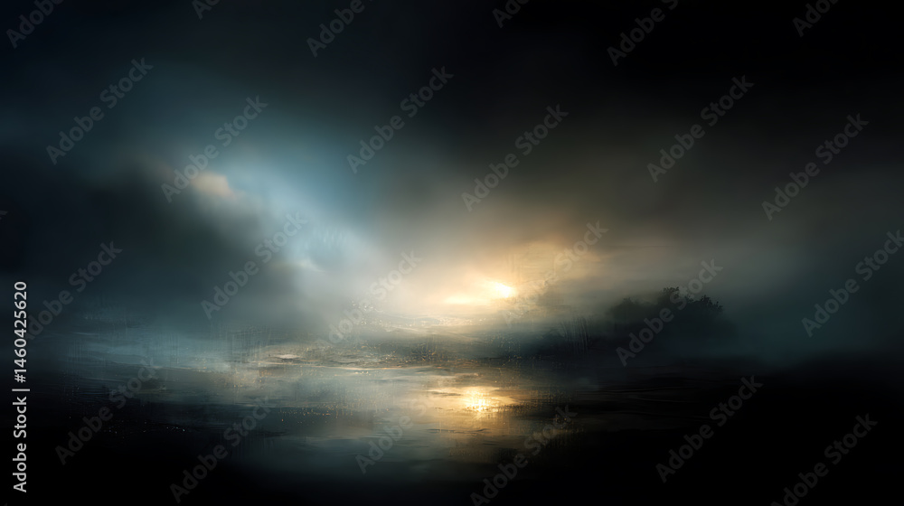 Poster Ethereal nocturne, intriguing fusion of dark and light capturing essence of mysterious night with abstract elements atmospheric fog and subtle glow ideal for mesmerizing background or creative design