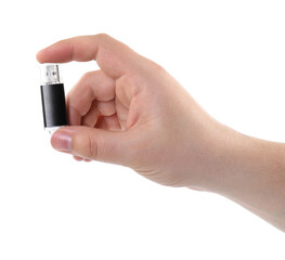 Man holding usb flash drive on white background, closeup