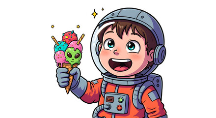 Fototapeta premium Cheerful Cartoon Young Astronaut with Space Ice Cream