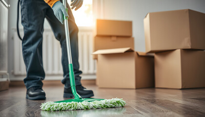 Close-up of professional cleaner washing floor with green mop. Man in working uniform. Handyman in gloves and cardboard boxes. Cleaning service and moving day concept, silhouette. with white shades