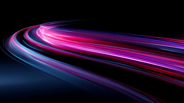 Fast moving neon light trails in pink, purple, and blue hues, curving and twisting over a dark surface dynamic and vibrant abstract background, suggesting speed and modernity