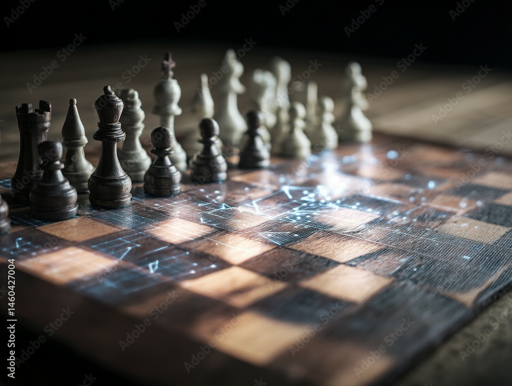 Poster close-up view of a chessboard with figures and light effects.