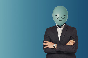 Balloon with sad face instead of man's head on blue background. Space for text