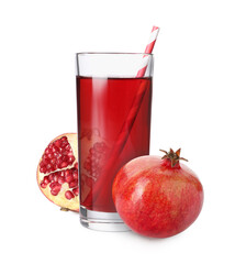 Tasty pomegranate juice in glass and fresh fruits on white background