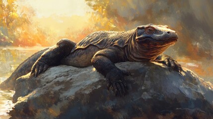 Komodo Dragon basking on a rock near tranquil waters at sunset