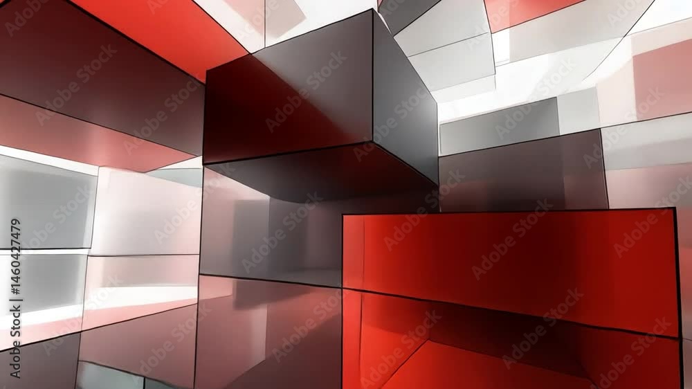 Poster dynamic abstract geometric shapes in red and transparent colors create modern visual experience, evo