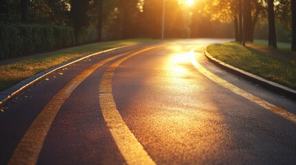 Fototapeta premium Golden Hour on Winding Road, Embracing the Radiant Light of a New Beginning