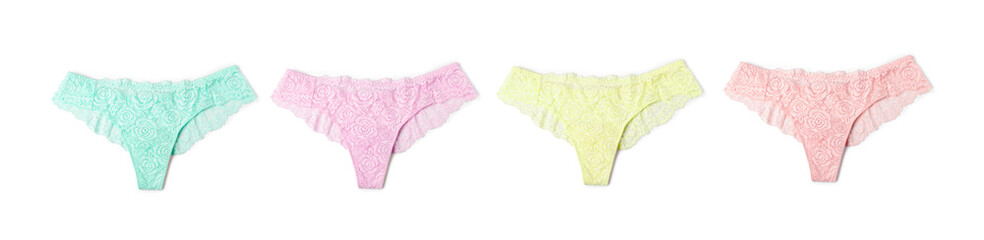 Beautiful women's panties in different colors on white background, set