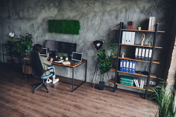 Young female freelancer working in home office environment with modern setup and greenery styled...