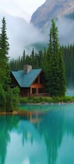 Obraz premium Serene Cabin by Lake in Mountain Forest: Tranquil Nature Reflection Landscape