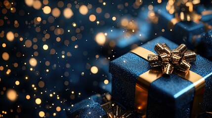 Generative AI art of blue gift boxes with golden bows and stars in the background.