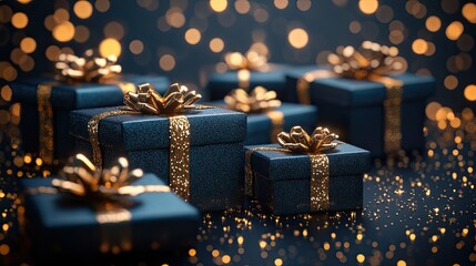 Generative AI art of blue gift boxes with golden bows and stars in the background. 