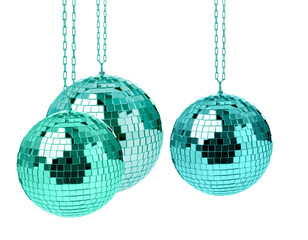 Three shiny disco balls on white background