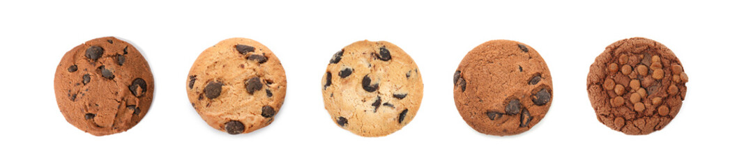Yummy chocolate chip cookies isolated on white, set