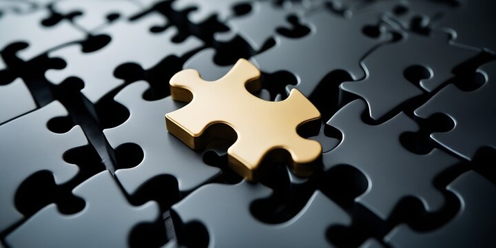 Close-up image of a glossy gold puzzle piece fitting perfectly into a contrasting black puzzle, symbolizing uniqueness, solution, and strategic success in a minimal, elegant setting

