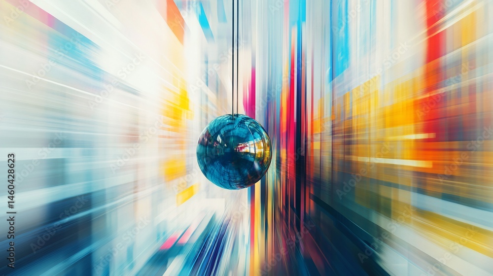 Poster abstract sphere with dynamic blur, reflecting modern cityscape elements