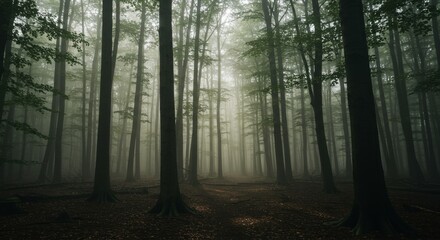 Fototapeta premium Misty forest path, shadowy trees and sunlight.