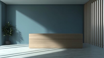 Fototapeta premium Interior Scene: Light Wood Reception Desk in Teal Room with Slatted Window