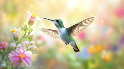Fototapeta premium Vibrant hummingbird captured mid-flight amidst a blossom filled garden scene
