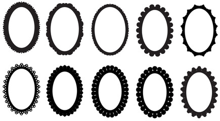Ornate Oval Frame Collection Set, Decorative Scalloped Oval Borders for Picture Frames, Scrapbooking, Paper Crafts, Wood Working, Laser Cutting, Junk Journals. Black vector Frames
