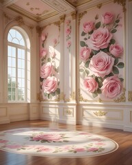 Luxurious vintage room interior featuring oversized pink rose floral wall and floor designs, with elegant classical architecture, sunlight streaming through arched windows, and intricate gold detailin