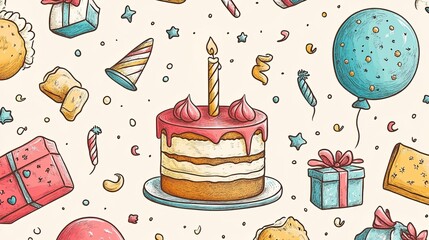 Fun hand-drawn birthday background with cakes, gift boxes, and balloons for a cheerful look. 